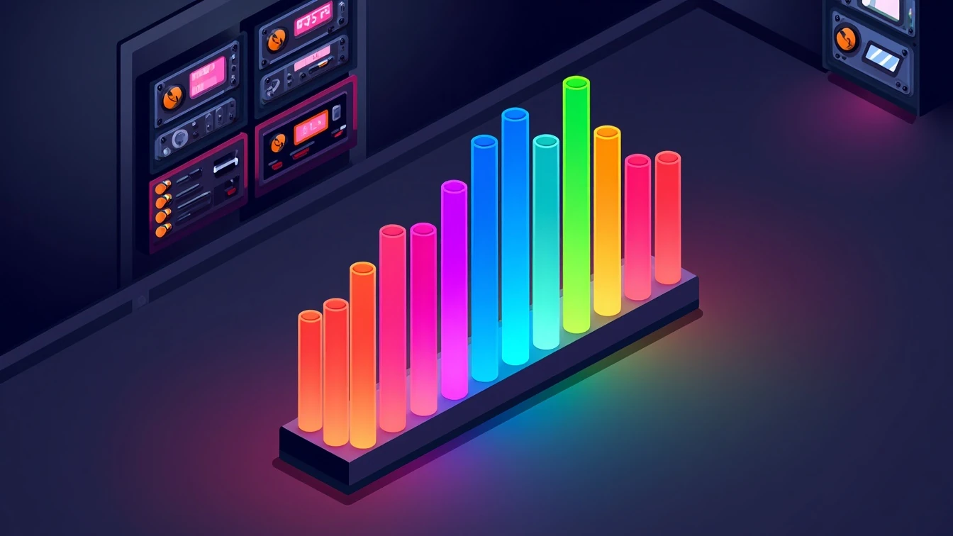 Isometrisk illustration af farvede boomwhacker-rør i forskellige længder i et mørkt rum.